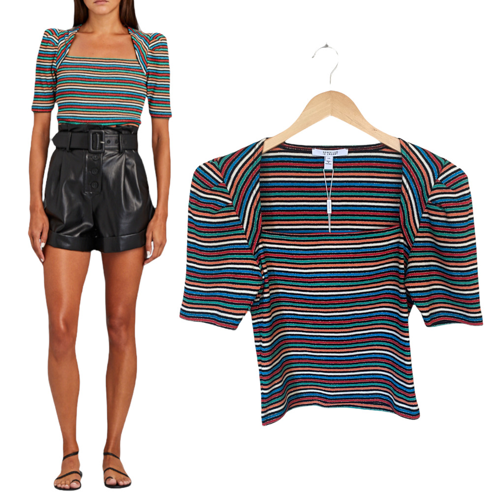 DEREK LAM CROSBY Ribbed Knit Top Jade Striped Multicolor Puff Shoulder Large NWT